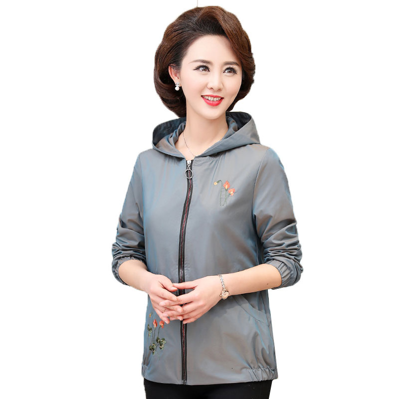 

2021 New Spring Short-embroidered Woman's Middle-aged with Hoodie Jackets Plus Size Female Upper Fine Jacket Mother 60FN, Grey blue