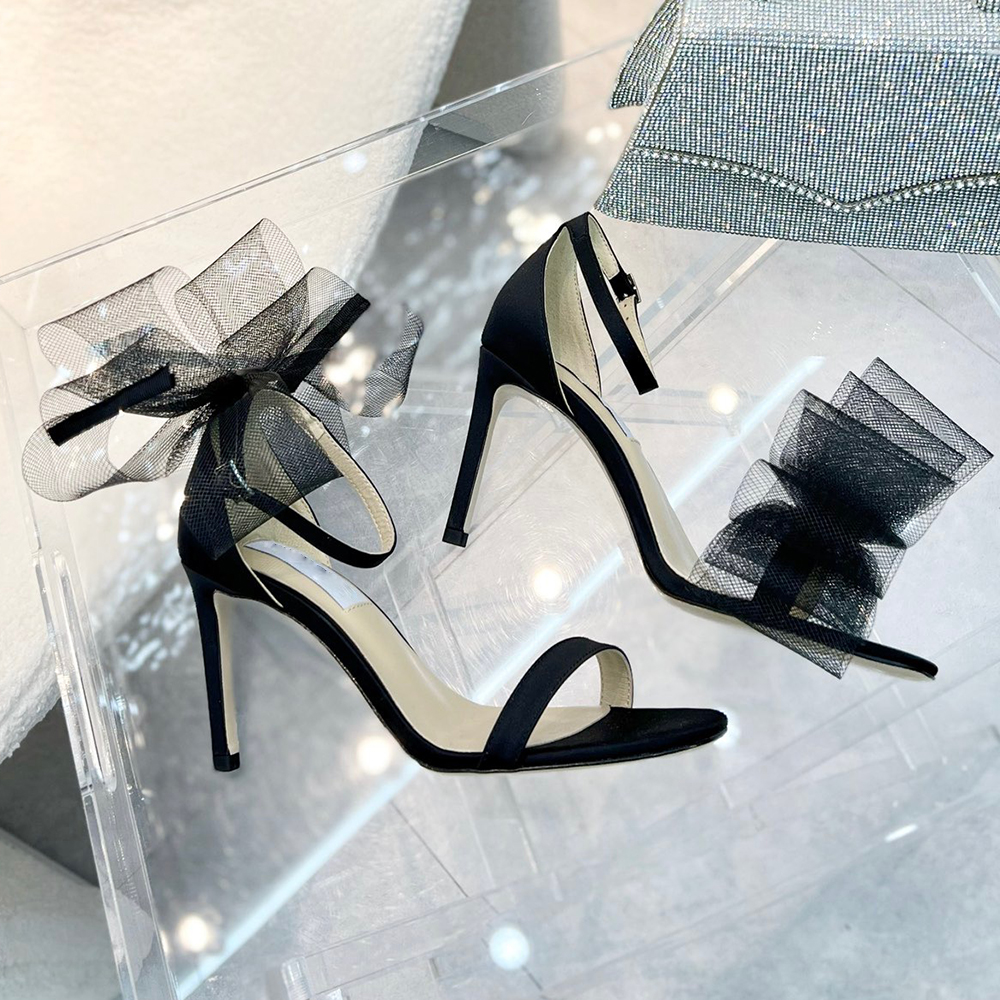 

Designer Mesh Bow Ankle Strap Sandals Women Shoes Open Toe High Heels Wedding Tulle Stiletto Summer With Box, #1