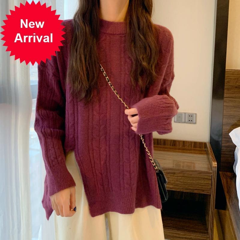

Outono 2021 New Inverno Moda Casual Dividir Blusas Feminino Cor Slida Preguioso Pullovers Confortvel Manga Comprida Malha Jumper PZUY, Purple