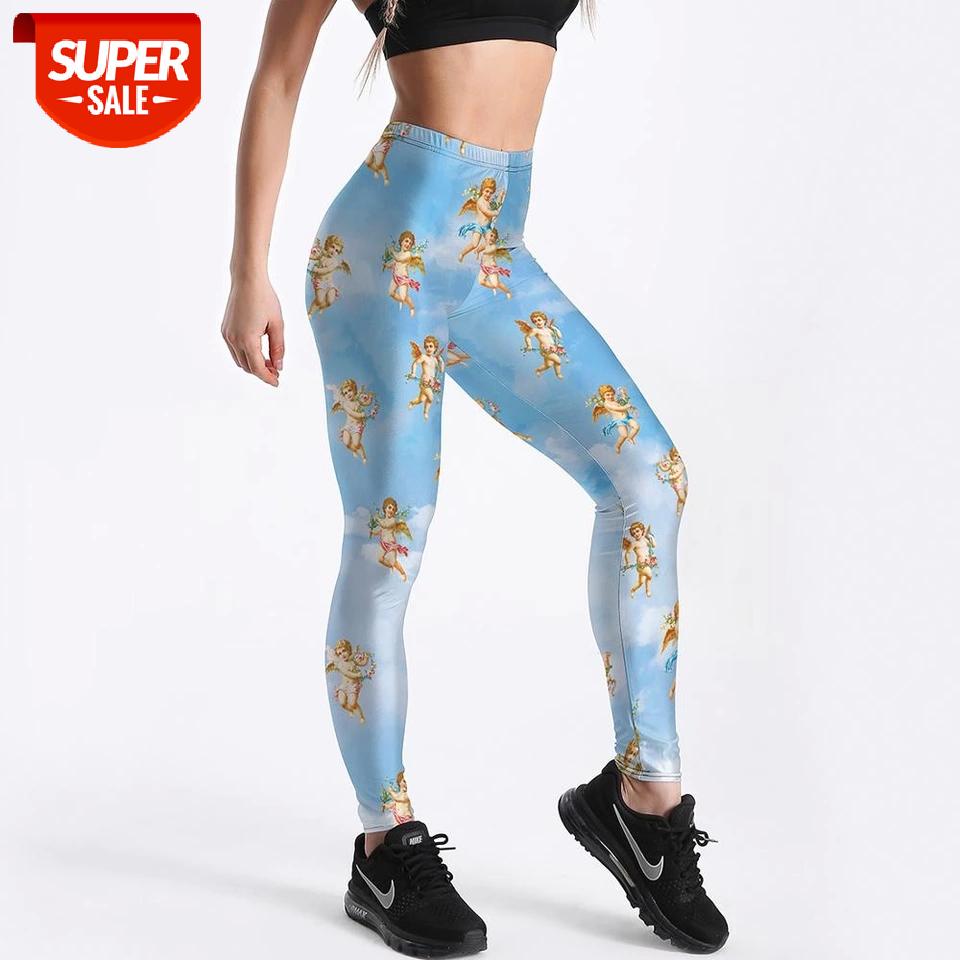 

Qickitout 12% Spandex Stretch Angel Doll Praying Leggings Women's Love Blue Print Pants gym Trousers #HS0L, Black;white