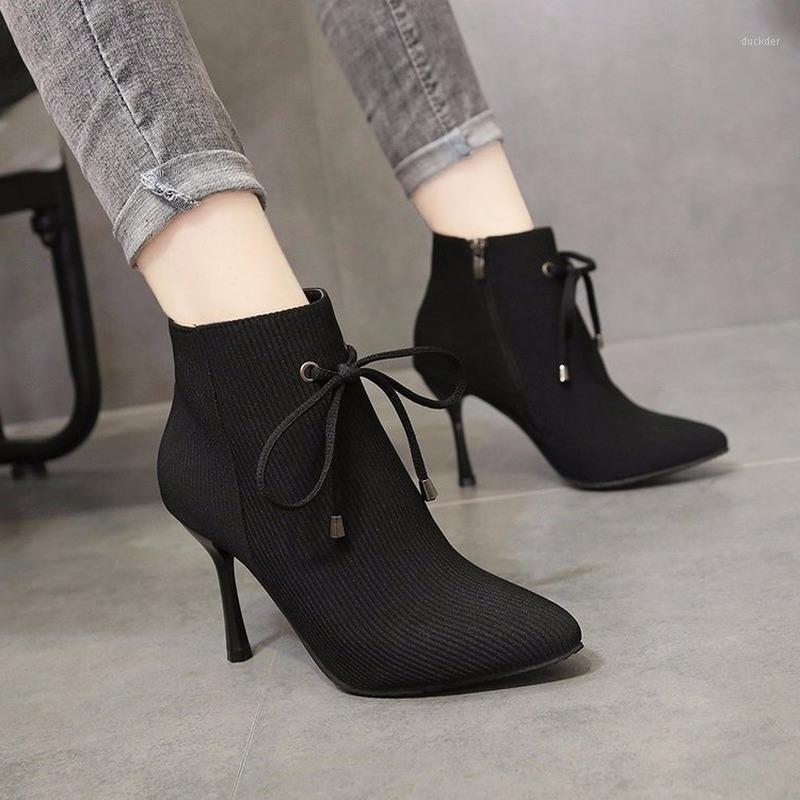 

2021 Autumn and Winter New Elastic Boots Pointed Toe High Heels Fashion Sexy Short Boots Female Stiletto1, Black
