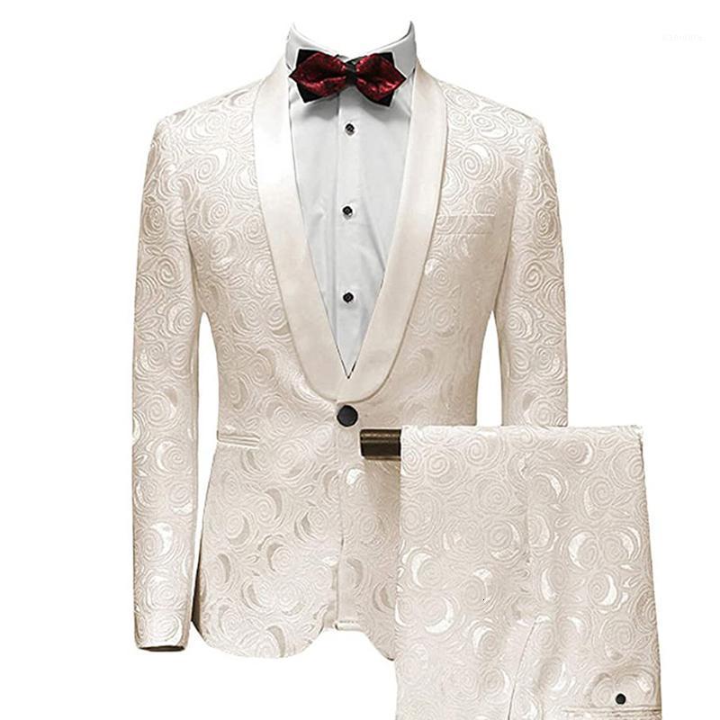 

2020 Ivory White Men's Suits Groom Wedding Suit 2 Piece Set Formal Male Blazer Shawl Lapel Jacquard Tuxedo Slim Fit Jacket Pants1