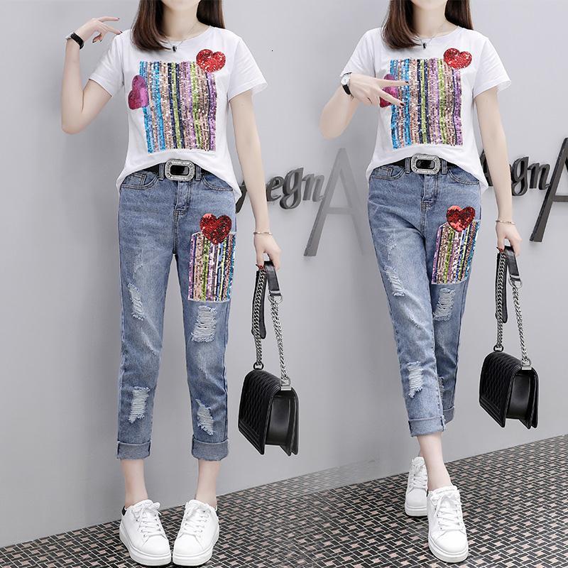 

2021 New Summer Women Sets Fashion Short Sleeve t Shirt and Hole Jeans Two-piece Set Large Size Female Girl Casual Denim Pants Suits Y81 Pio, White