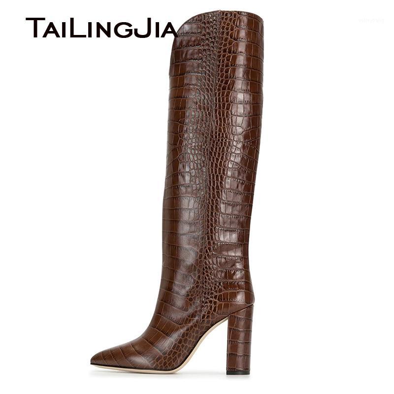 

Knee High Boots Women 2020 Brown Crocodile Block Chunky High Heel Pointed toe Long Boot Ladies Winter Slip on Shoes Large Size1