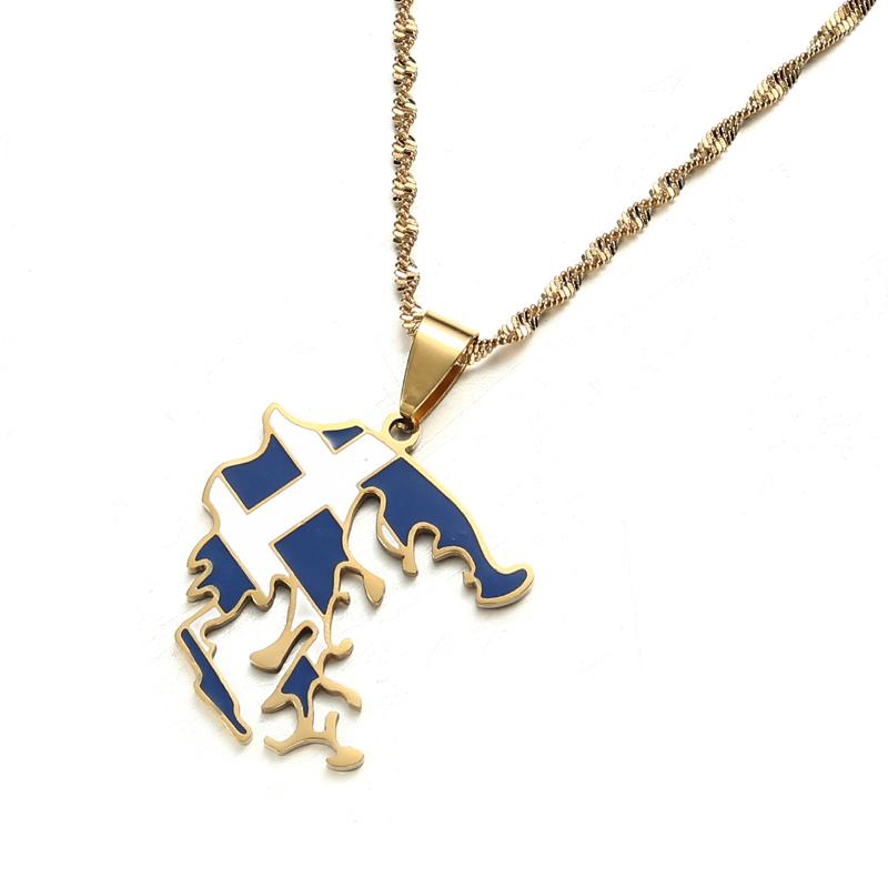 

Chains Enamel Greek Flag Greece Map Pendants Necklaces Silver Plated Gold Color Unisex Patriotic Jewelry