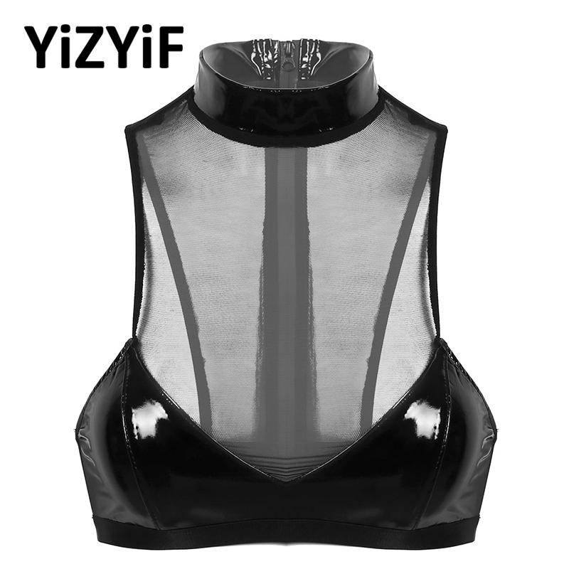 

Sexy Lingerie Women Sheer Mesh And Patent Leather Patchwork Bras High Neck Back Zip Up Unlined Wireless Bra Top Tanks Crop Top, Black
