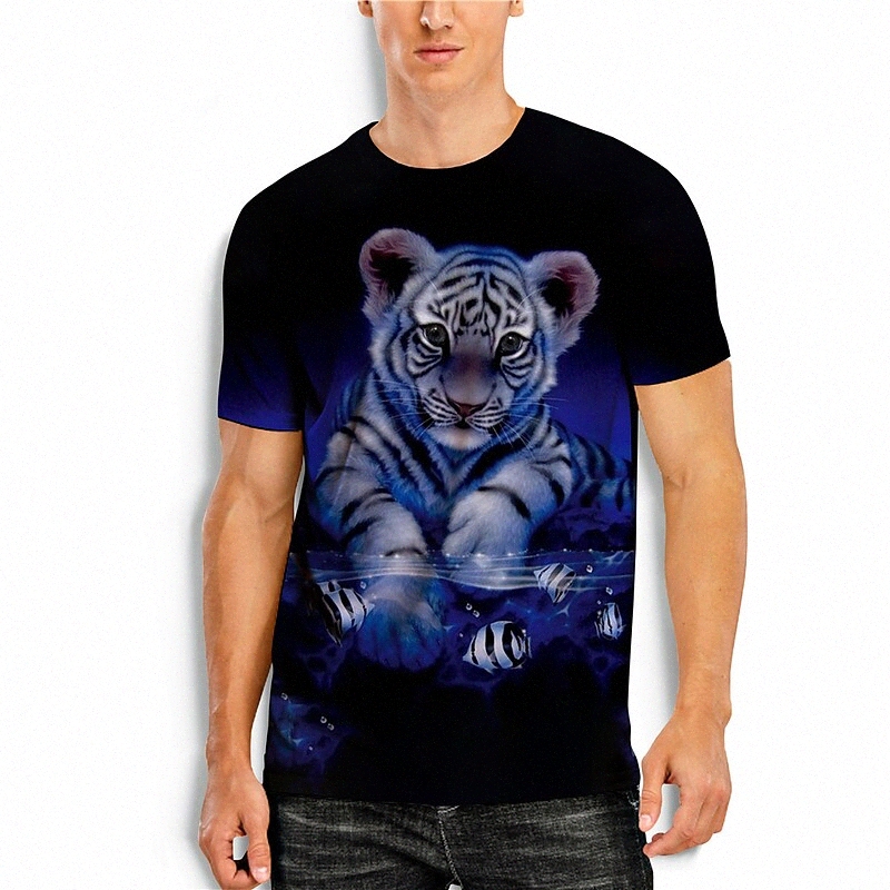 Men's T shirt 3D Print 3D Tiger Animal Round Neck Daily Holiday 3D Print Short Sleeve Tops Casual Blue / Summer k55m#