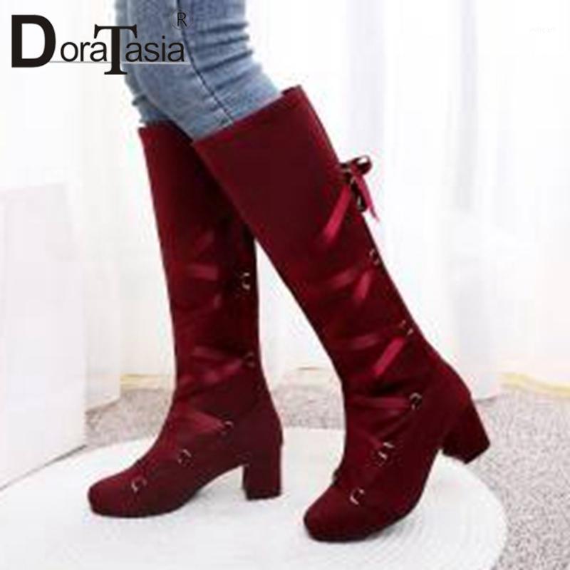 

DORATASIA New Arrival Lace Decorating Boots 2020 High Chunky Heels Boots Women Elegant Flock Knee High Shoes Woman1, Blue