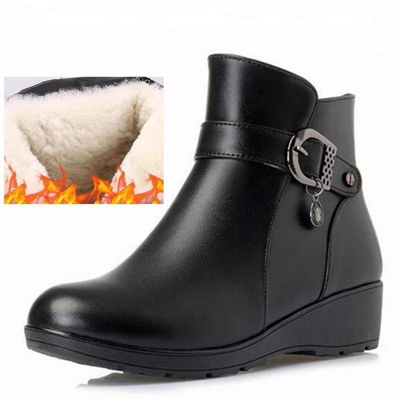 

2020 New Winter Snow Boots Women Shoes Fashion Genuine Leather Boots flat Wedges Plus Size Warm Fur One Wool Women1, Black velvet inside