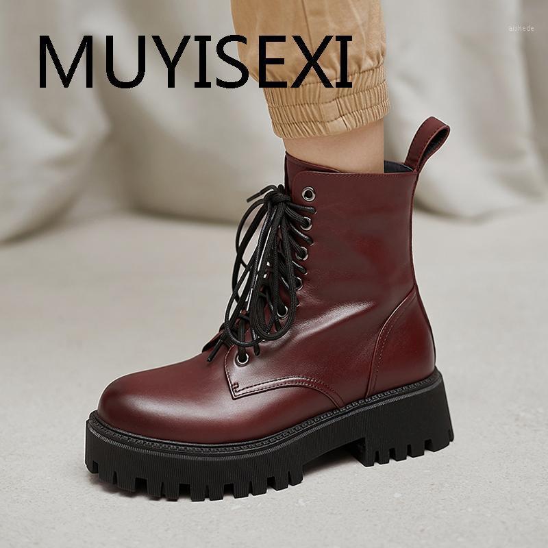 

Leisure genuine leather high quality platform round toe 5cm thick med heel lace up zipper soft classic ankle boots TN55 MUYISEXI1, Black