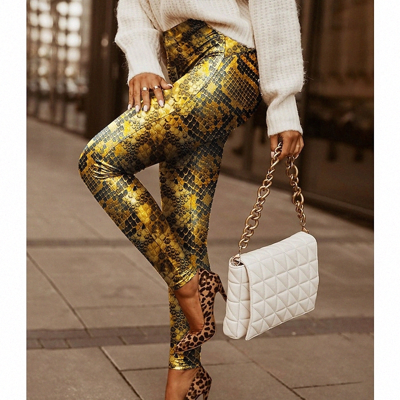 Women's Fashion Leggings Elastic Waist Print Full Length Pants Casual Weekend Micro-elastic Leopard Snake Print PU Comfort Mid Waist Slim Brown
