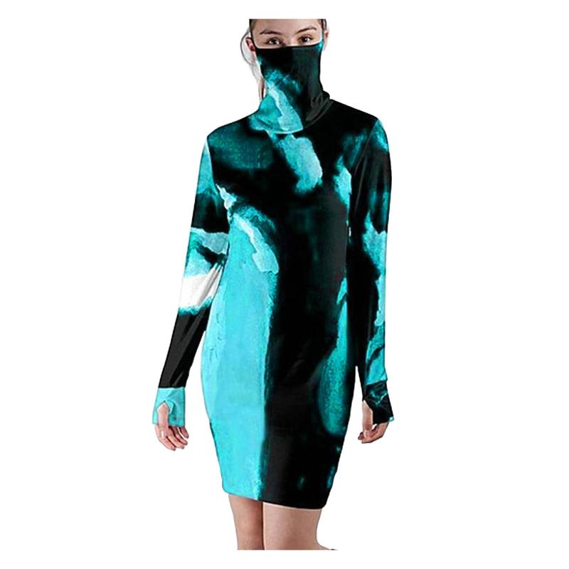 

Dress Women Fashion Print Tie-dyed Long Sleeve Dress With Mask Undefined Bodycon Dresses For Women Autumn Sukienka Ropa Mujer, Blue