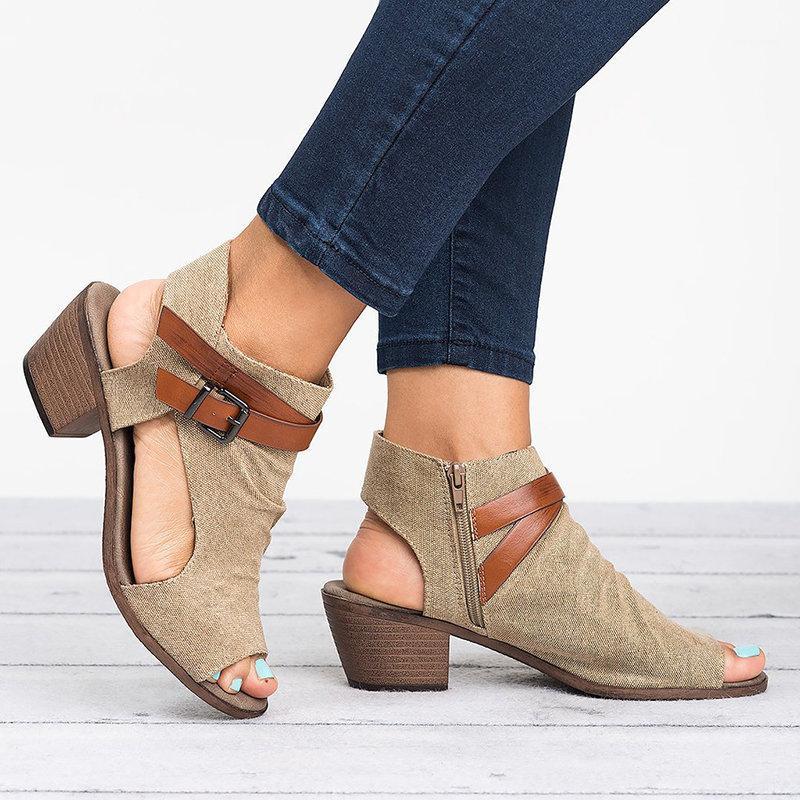 

Peep Toe Med Square Heel Concise Gladiator Sandals Women Rome Buckle Sandals Ankle Wrap Plus Size Zip Summer Bohemian Shoes1, Black
