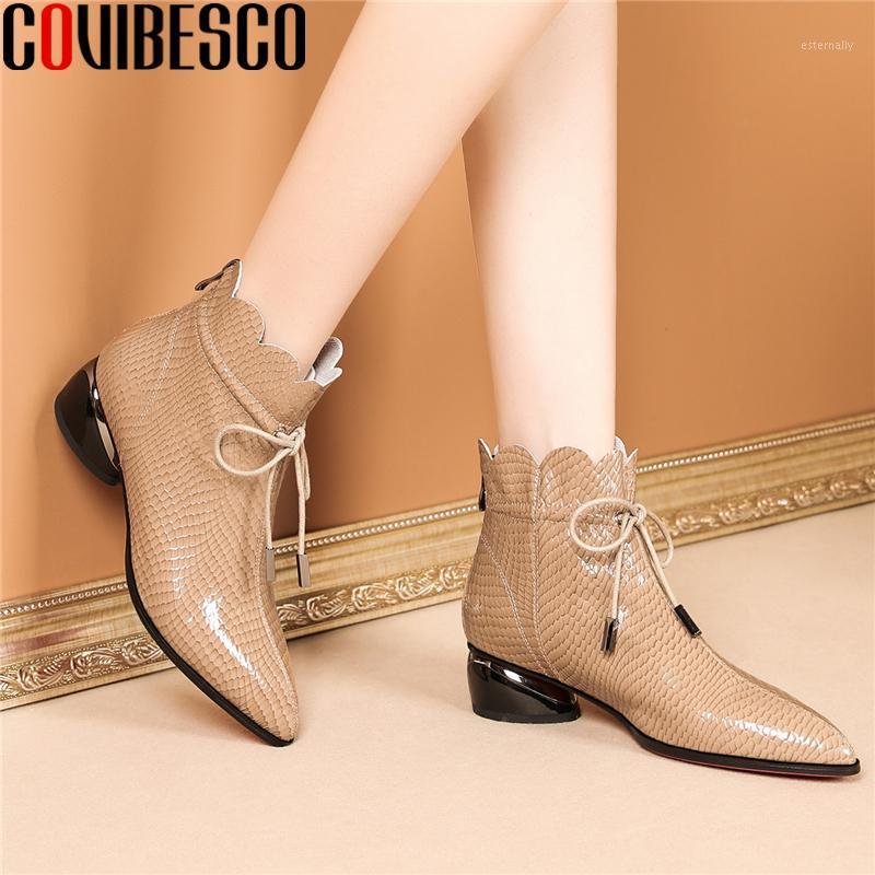 

COVIBESCO Fashion Women Ankle Boots Autumn Winter Genuine Leather Shoes Woman Back Zipper New Lace-Up Ruffles Thick Heels Boots1, Black