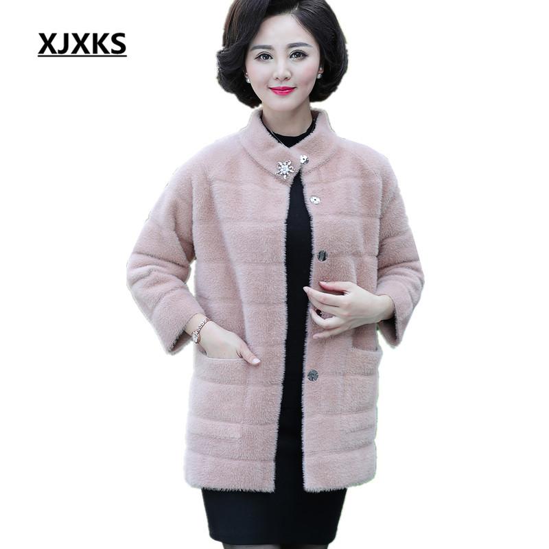 

XJXKS 2020 autumn and winter new women long coat fashion Mandarin Collar women imitation Mink cashmere loose large size coat, Pink