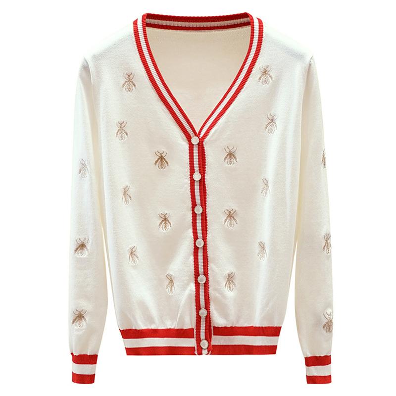 

High Quality Sweater Fashion Designer Bee Embroidery Cardigan Long Sleeve Single Breasted Contrast Color Button Knitted Sweaters, White