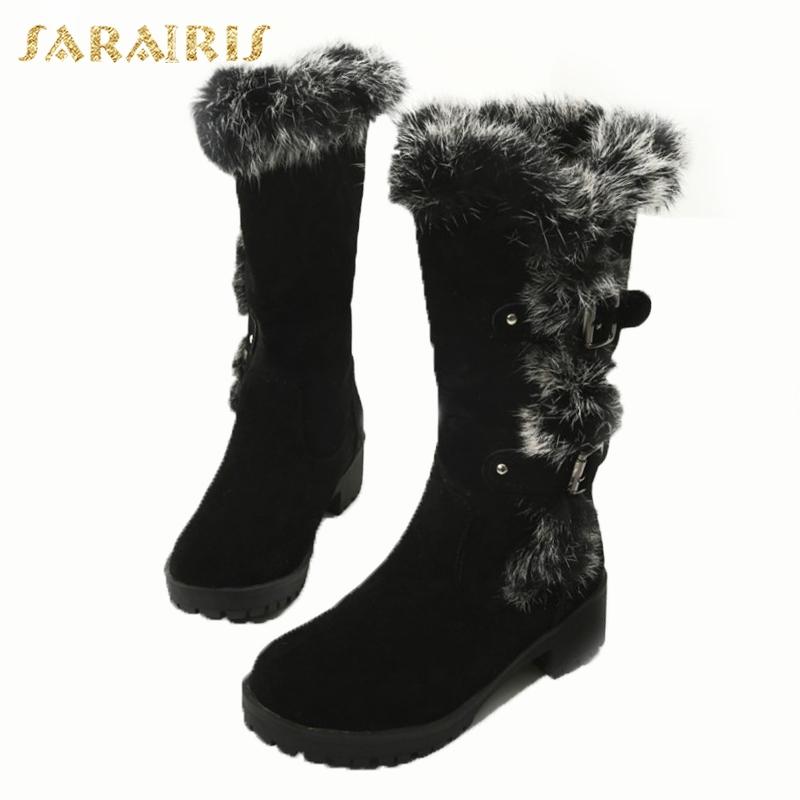

SARAIRIS on sale keep warm plush big size 43 Chunky Heels add fur winter boots woman Shoes Black brown Mid Calf Boots female