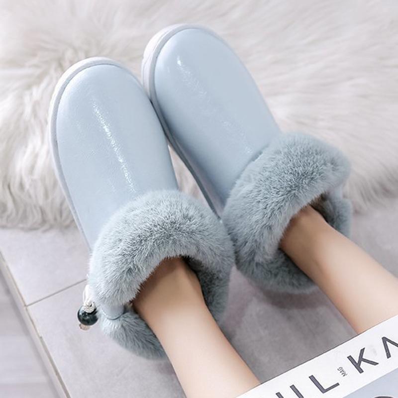 

Rimocy PU Leather Waterproof Women's Snow Boots Winter Furry Warm Non-slip Ankle Boots Woman Blue Bead Round Toe Women Shoes, Black