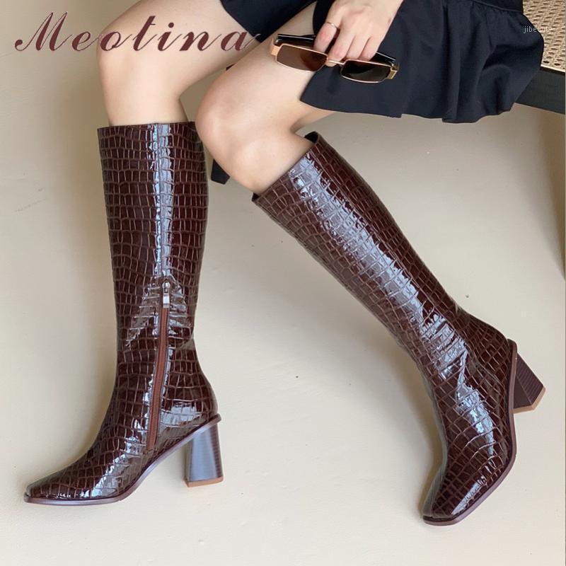 

Meotina Women Knee High Boots Square Toe Chunky Heels Ladies Boots Zipper High Heel Long Autumn Winter Brown Apricot 401, Black synthetic lin