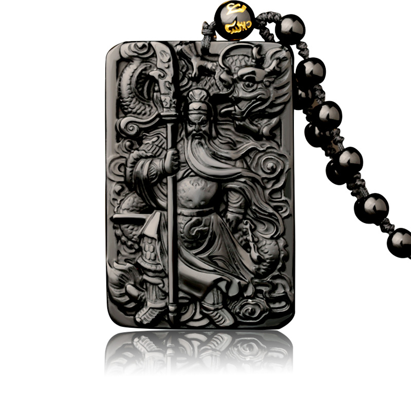 

Natural Obsidian Pendant with Beads Chain Dragon Guan Gong Guan Yu Hold Broadsword Knight Pendant Necklace for Men/women Jewelry 201014