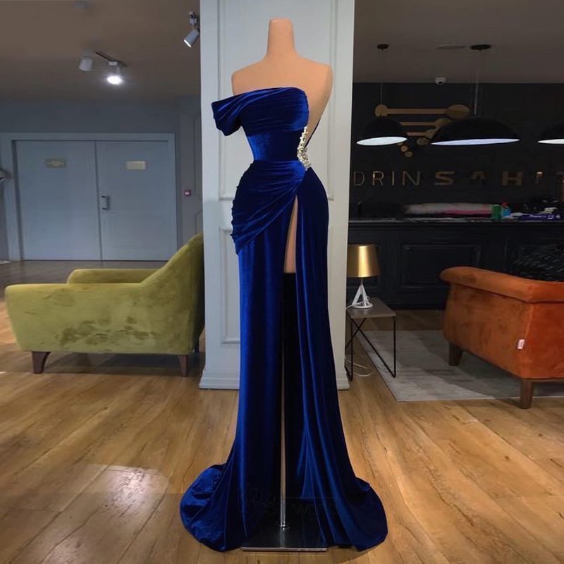 

Royal Blue Mermaid Long Evening Dress Strapless Robe De Soiree Velvet Dubai Formal Gowns High side Split Sexy Evening Dresses 2021, Champagne