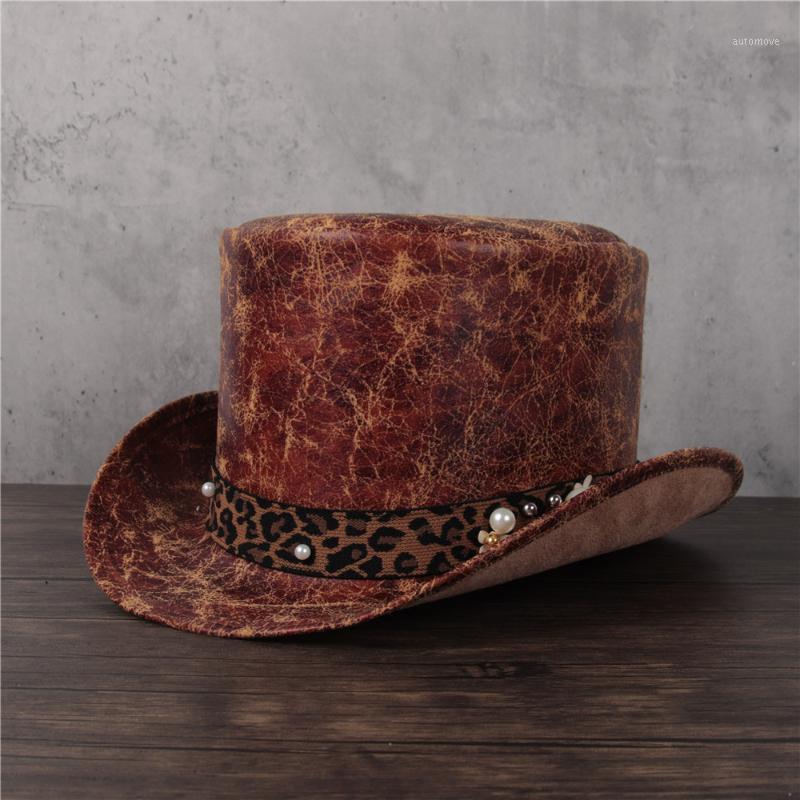 

2021 3 Size Women Leather Top Hat Shower Lday Fedora Hat Magic Flat Steampunk Cosplay Pork Pie Party Caps Dropshiping 13cm1, Gold
