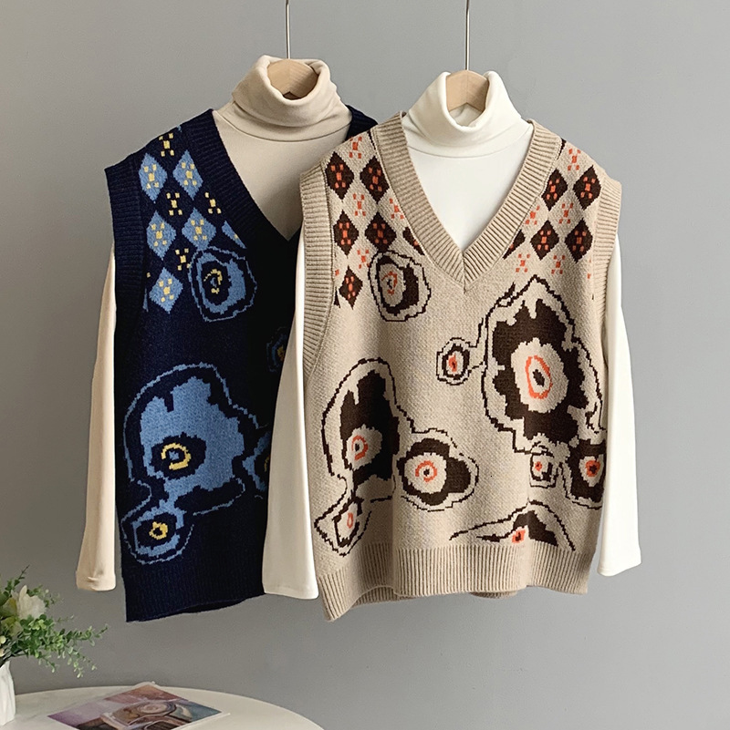 

New 2021 Spring V-neck Vest Sleeveless Knitted Vintage Print All Match Sweater Casual Women Pullovers 85xy, Blue