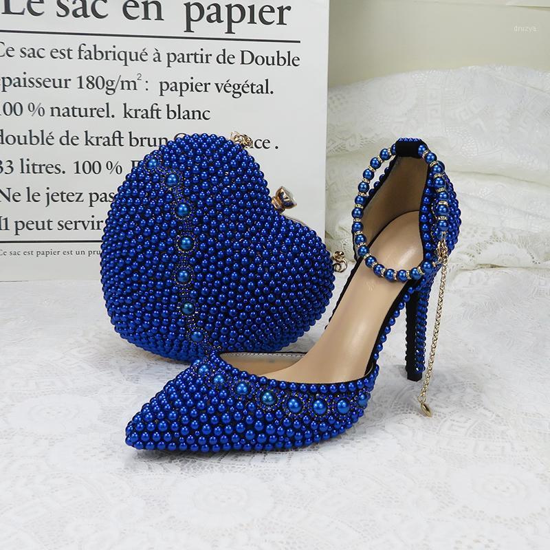 

BaoYaFang 2020 new Arrive wedding shoes with matching bags High Heeled Heart purse royal blue pearl party shoes and bags1, 6cm sandals and bag