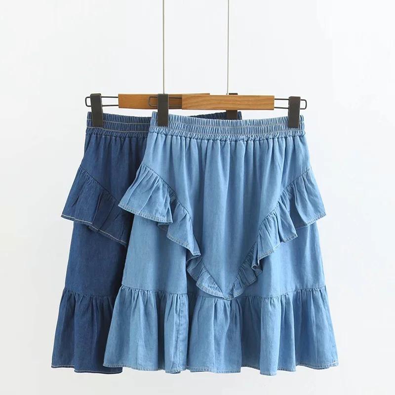 

KYQIAO denim skirt femme jupes mori girls summer Japanese style fresh casual elastic waist ruffled blue denim skirt