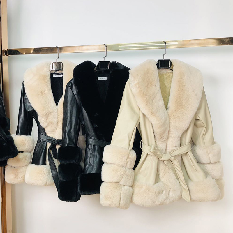 

2020 leather grass coat natural fur collar autumn and winter women' warm rabbit fur coat waterproof coat, Khaki