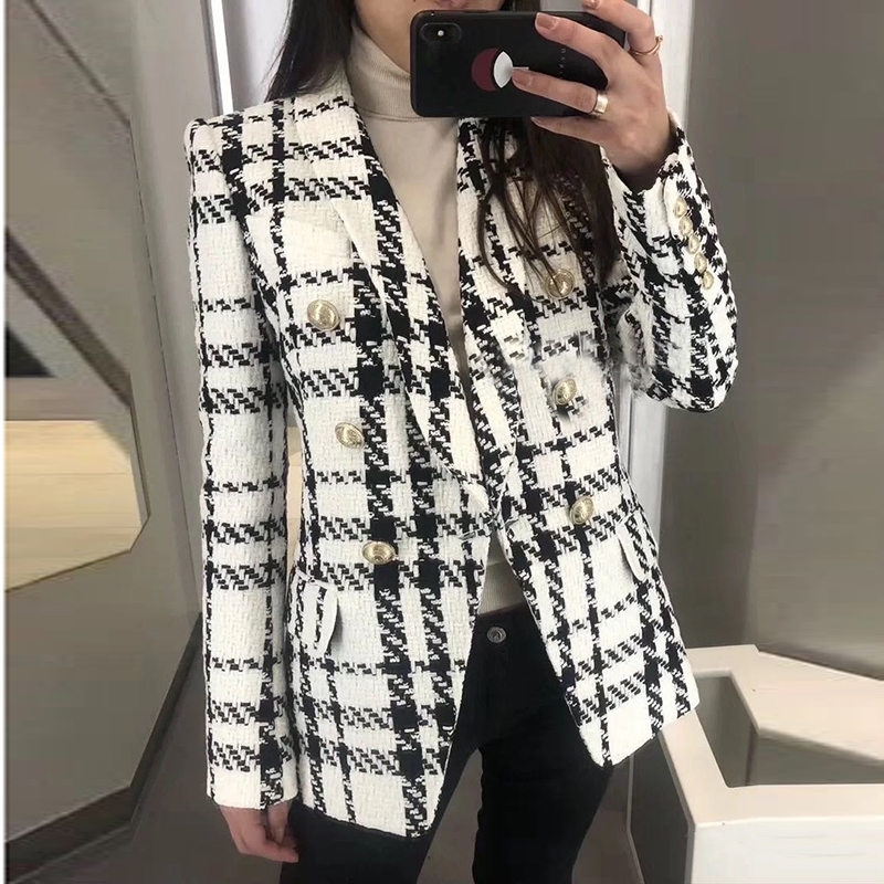 

HIGH STREET Newest Designer Blazer Jacket Women's Shawl Collar Double Breasted Lion Buttons Plaid Tweed Blazer 201114, Beige