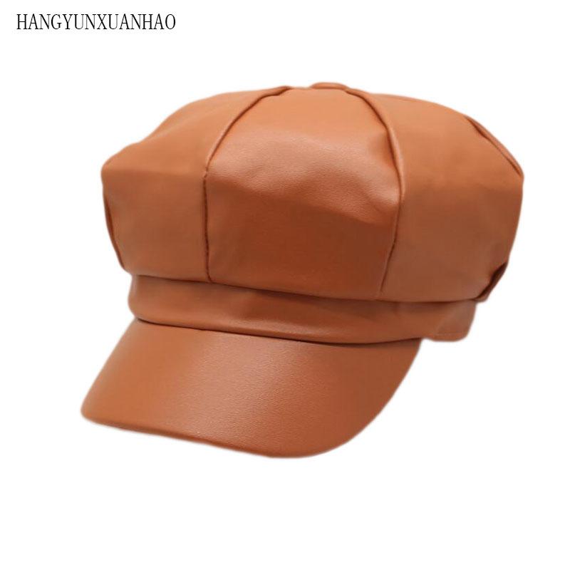 

Berets HANGYUNXUANHAO High Quality Men's Hat British Style Of PU Leather Woman Sboy Cap Octagonal Hats, White