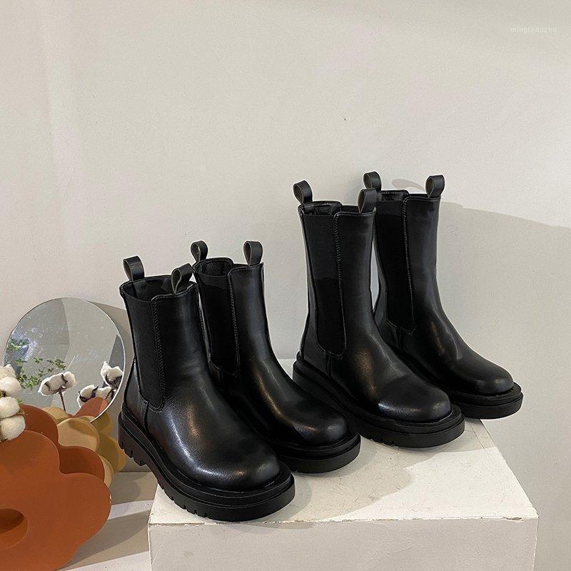 

Black Leather Boots Women 2020 Autumn Platform Boots Female Chunky Gothic shoes Punk Mid Calf for Women1, Black-2