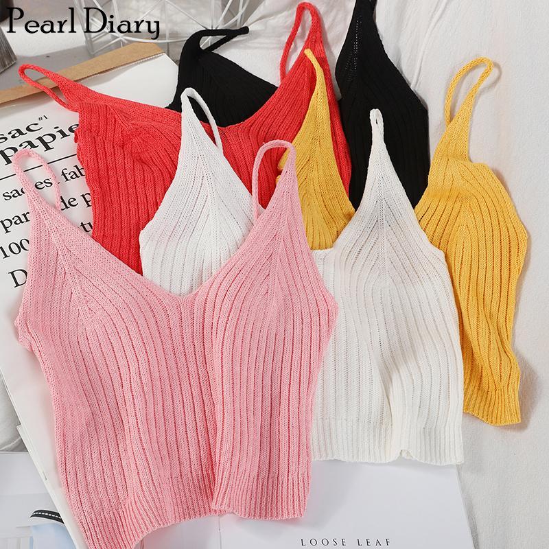 

Pearl Diary Women Sexy Knitted Top V Neck Sleeveless Vest Solid Simple Spaghetti Strap Crop Top Plain Casual Tshirt Women Tops, White