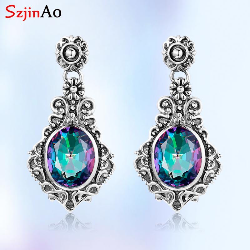 

Szjinao Rainbow Topaz Gemstone Earrings 925 Sterling Silver Women Drop Earrings Handmade 2020 Brand Fashion Jewelry