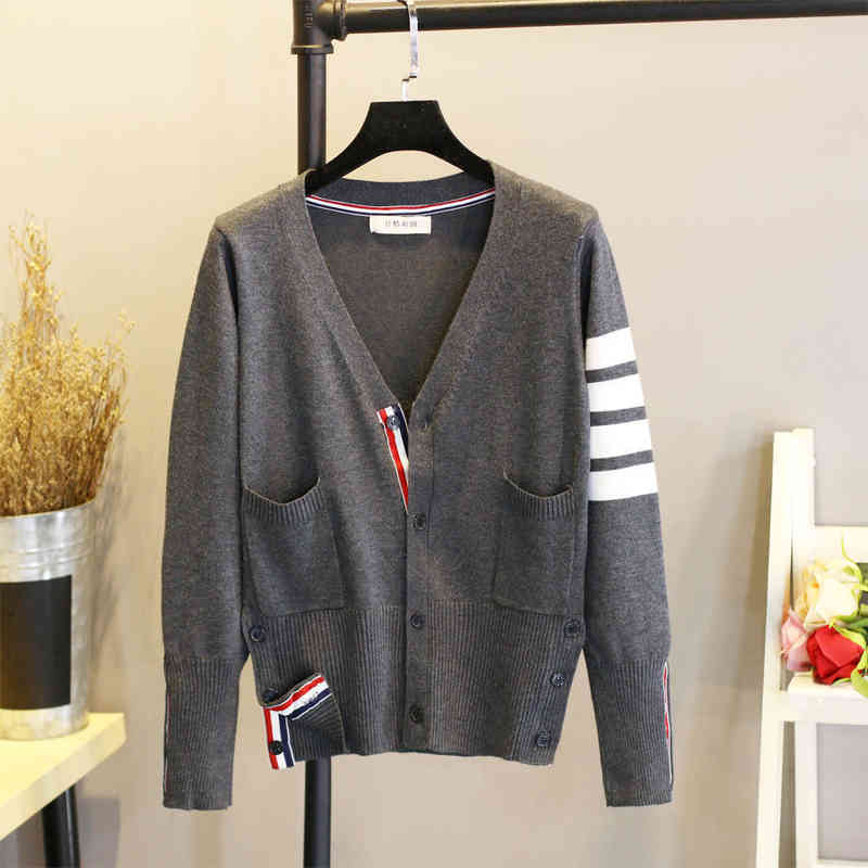 

70% Outlet Online spring autumn new top stripe long sleeve loose coat men' and couple' sweater women' cardigan, Dark grey pullover crew neck sweater