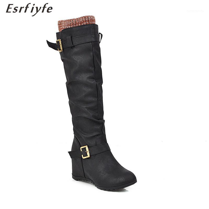 

ESRFIYFE 2020 New Plus Size 34-44 Fashion Winter Knee High Women Boots Black Brown Wedge High Heels Long Boots Autumn Snow Shoes1
