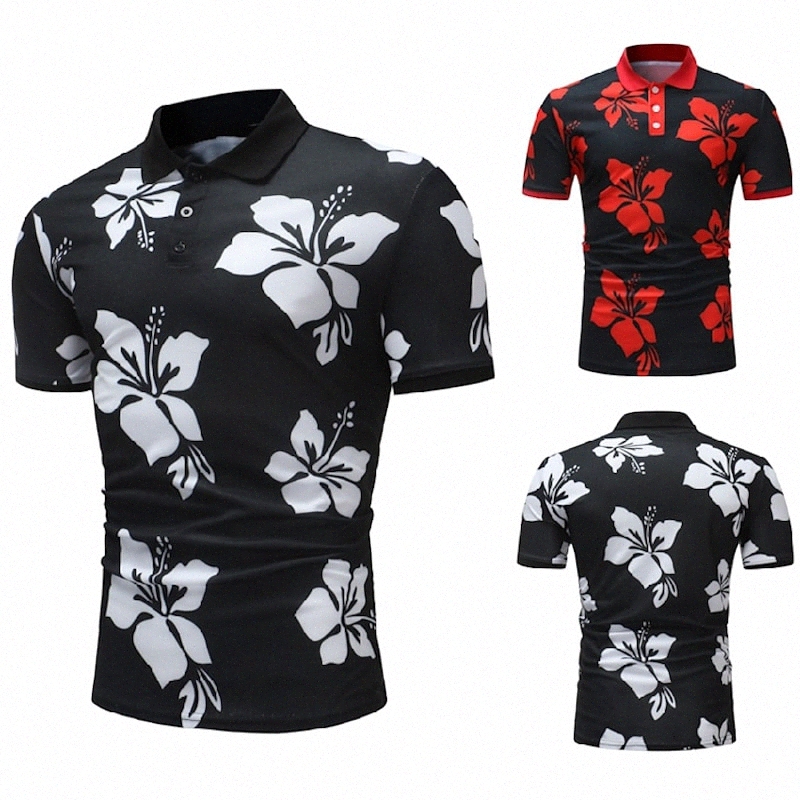 Men&#039;s Golf Shirt Other Prints Floral Collar Classic Collar Casual Daily Short Sleeve Tops Cotton Casual Black / Red Black / White / Summer Q-image-755729593