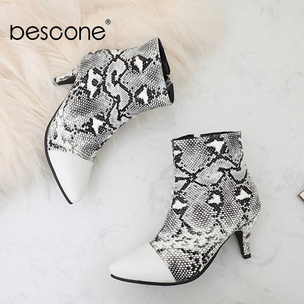 

BESCONE Pointed Toe Women Mid-Calf Boots Winter Handmade Warm Zipper Thin Heel Shoes Fashion Snake Pattern Ladies Boots BM225, Black