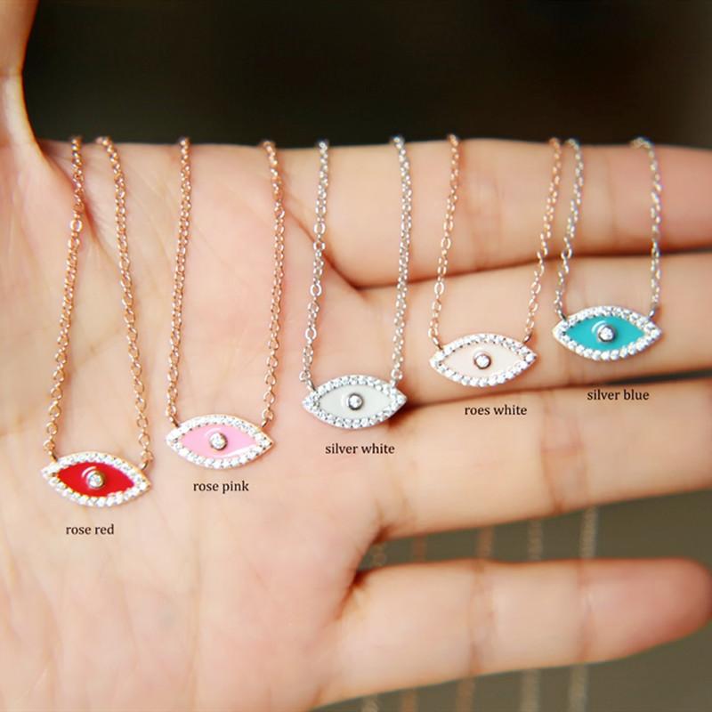 

Real 925 Sterling Silver Evil Eye Statement Necklace for Women Wedding Boho CZ Crystal Eye Pendant Necklace Enamel Red/Blue/Pink