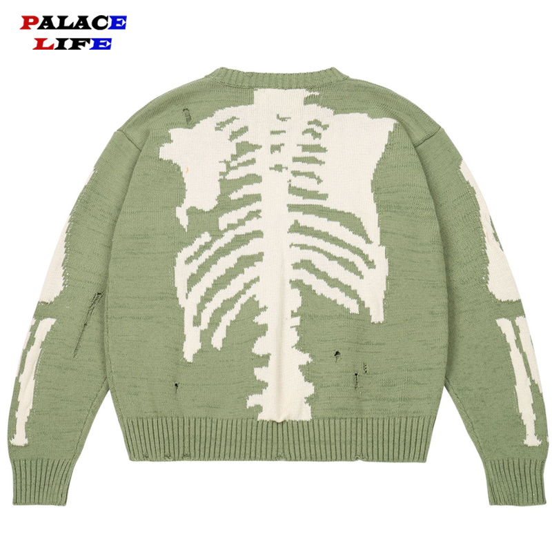 

Men Oversized Sweater Green Loose Skeleton Bone Printing Woman High Quality High Street Damage Hole Vintage 11 Knitted Sweater