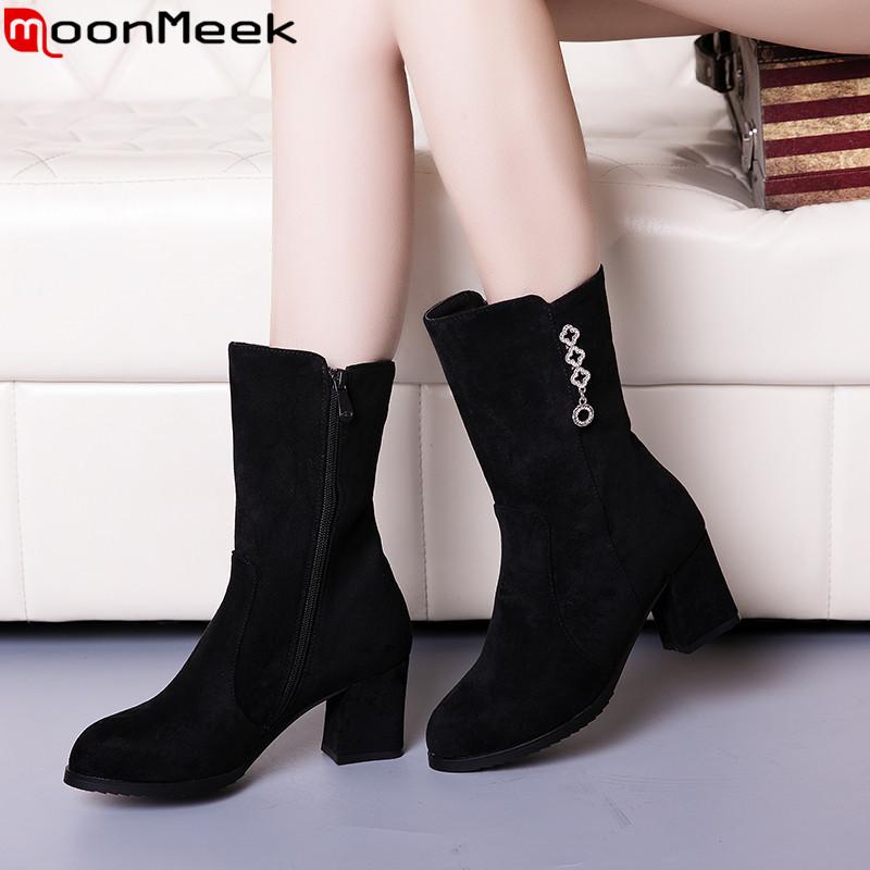 

MoonMeek 2020 new autumn winter boots round toe zip ladies ankle boots square high heels shoes women big size 34-43, Black