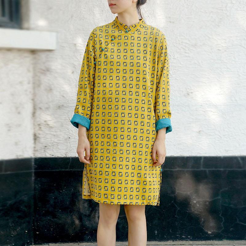 

Johnature Autumn Winter 2020 New Retro Corduroy Geometric Print Stand Plate Buckle Dresses Comfortable Long Sleeve Women Dress, Yellow
