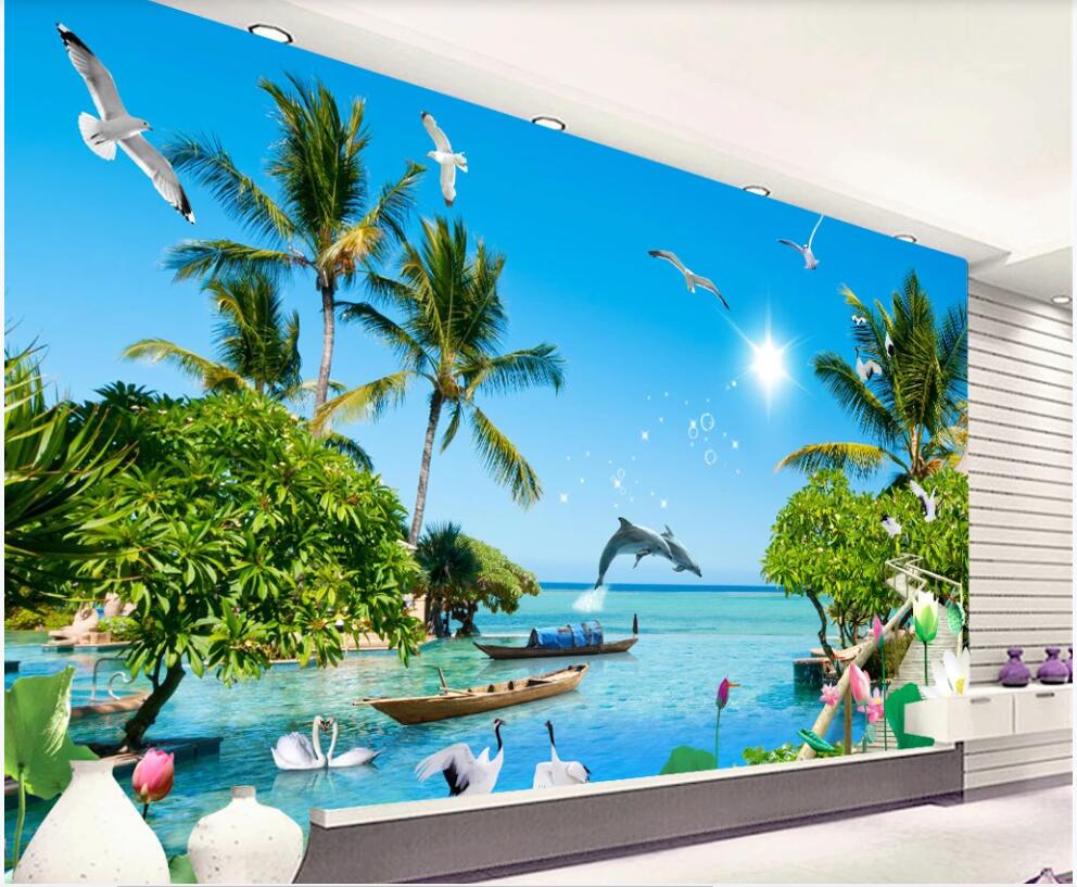 

custom photo mural 3d wallpaper Seaside beach coconut tree seagull landscape room home decor 3d wall muals wall paper for walls 3 d in rolls, Non-woven wallpaper