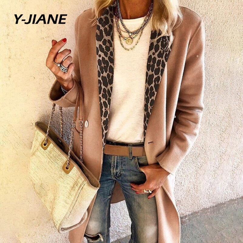 

Autumn Women' Wool Pocket Coat New Fashion Long Woolen Coat Slim Type Leopard Patchwor Female Winter Wool Jackets Outwear #G3, Black