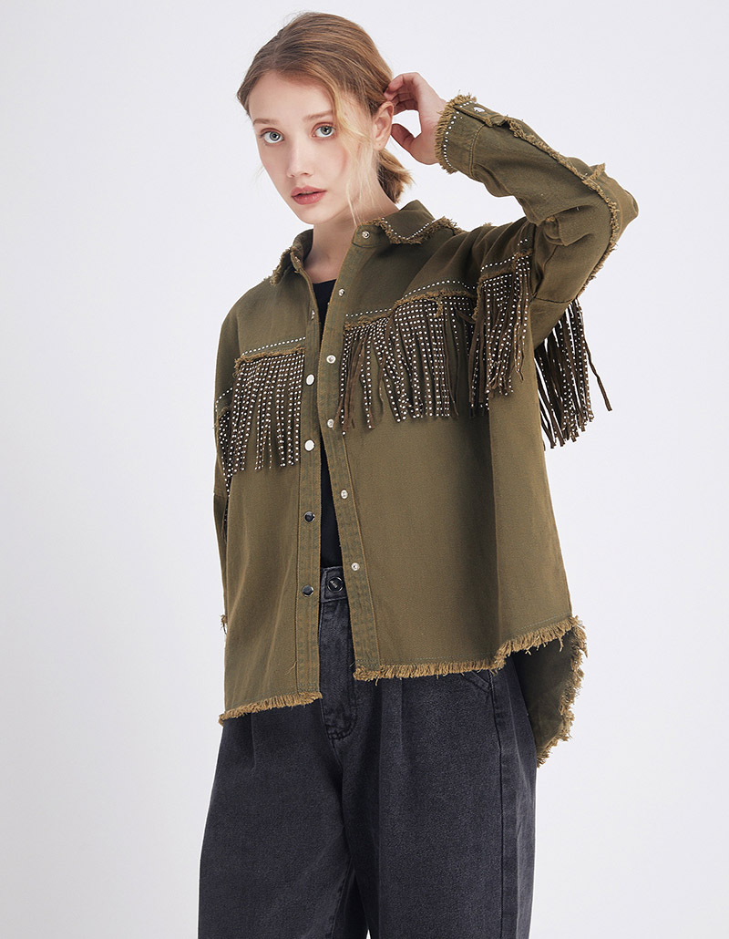 

Vintage Stylish Fringe Beaded Loose Denim Jacket Coat Women 2020 Fashion Long Sleeve Frayed Trim Ladies Outerwear Chaqueta Mujer, As picture