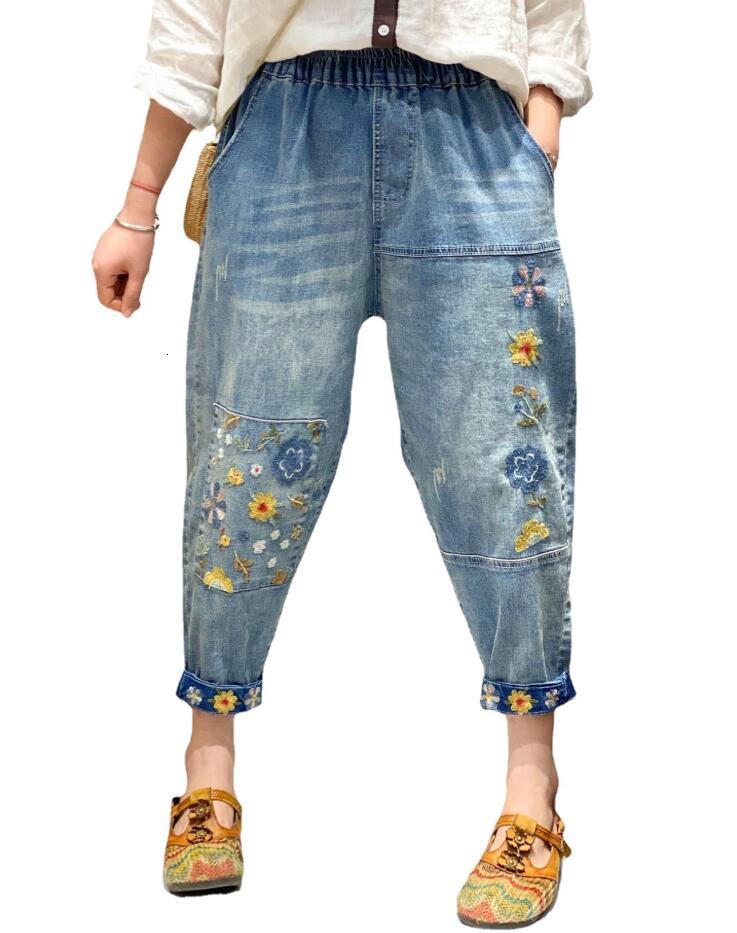

2021 Vintage Spring Designer High Waist Casual Gothic Embroidered Jeans Denim Female Nine P2270 Pants D4o1, Blue