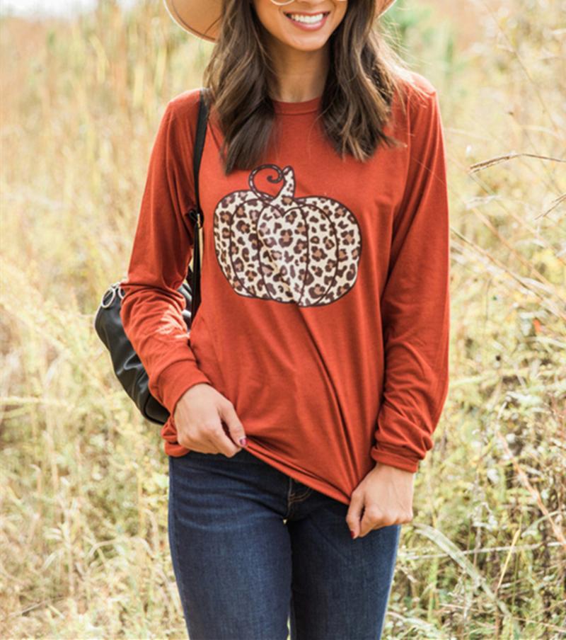 

Casual Loose Women Tops Tee Autumn Winter Printed T-shirt For Halloween Leopard Pumpkin Print T Shirt Long Sleeve Halloween Tops, Orange red
