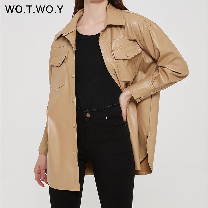 

WOTWOY Single Breasted Belt PU Leather Jacket Women High Waist Casual Faux Leather Tops Female Black Khaki Outerwear Ladies 2021, 63002-black