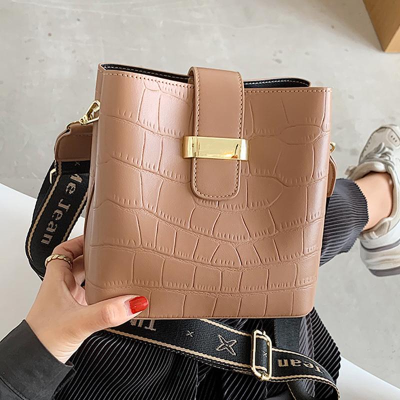 

3 Pockets Stone Pattern Small Bucket Bag PU Leather Shoulder Bags For Women 2021 Fashion Belt Lady Crossbody Bag Brand Handbags, Black
